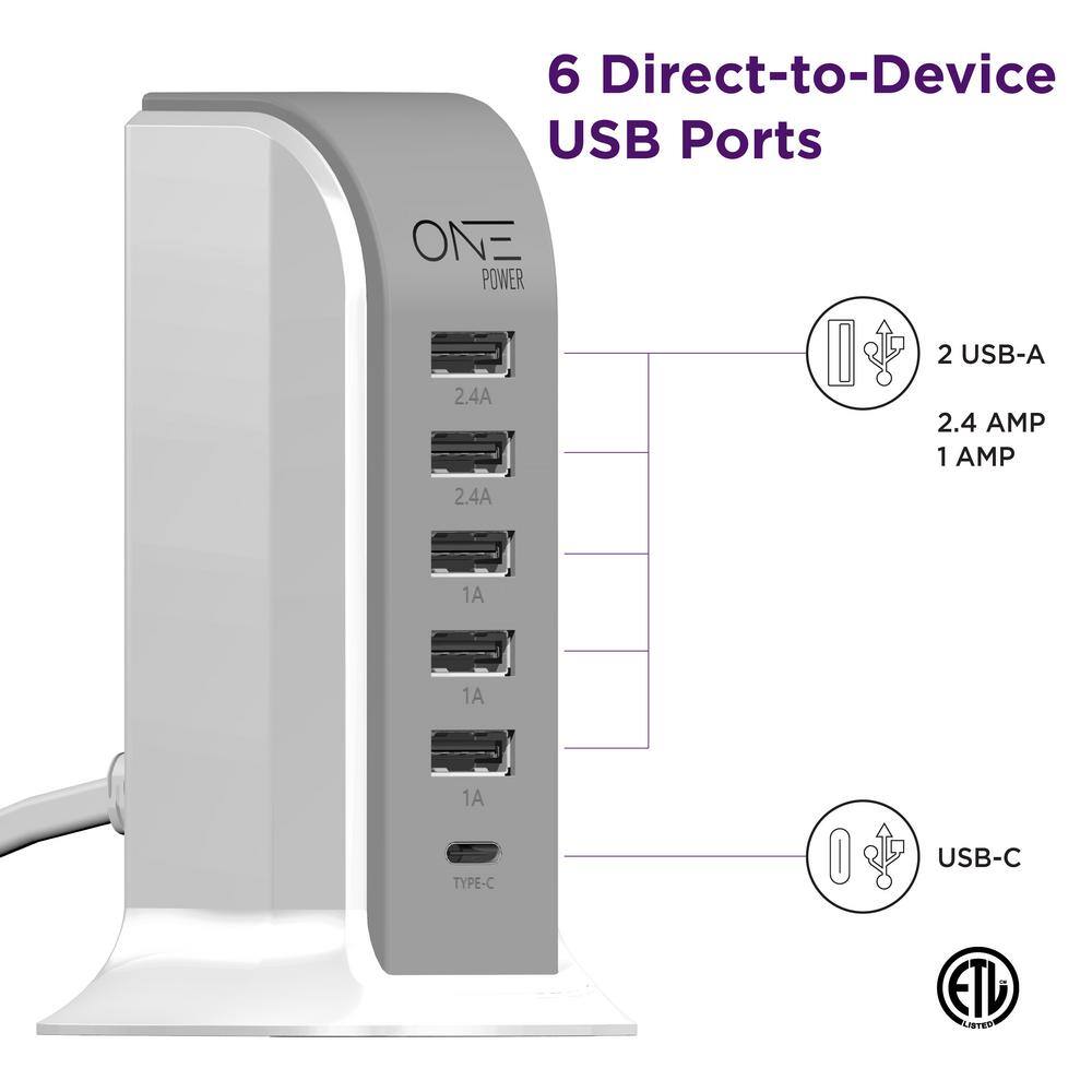 ProMounts 5 USB-A 1 USB-C Power HubCharging Station Flat Plug With 5 Ft. Cord Modern Slim Charging USB Tower OPT061