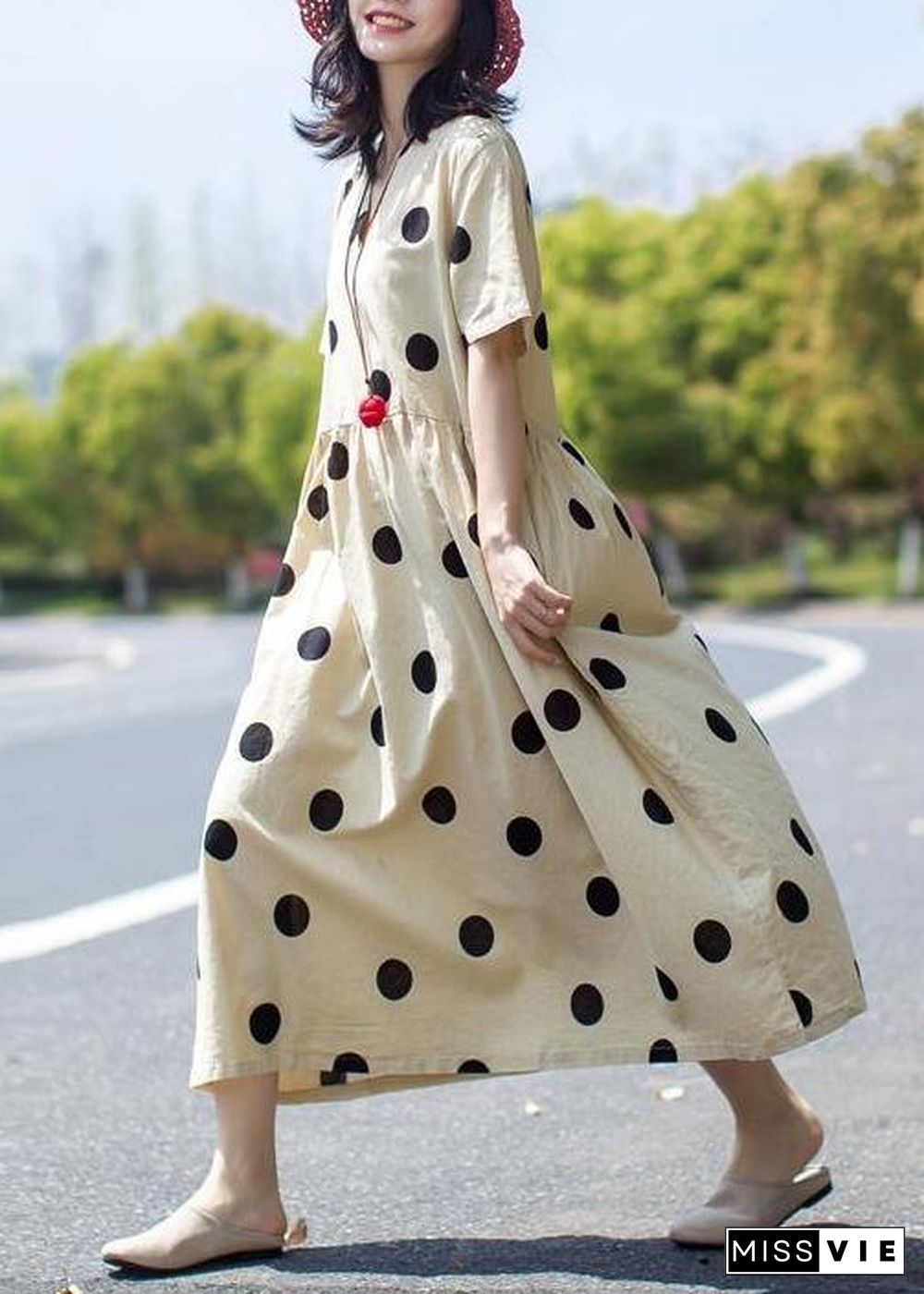 Unique linen Wardrobes Casual Polka Dot V-Neck Loose Linen Dress