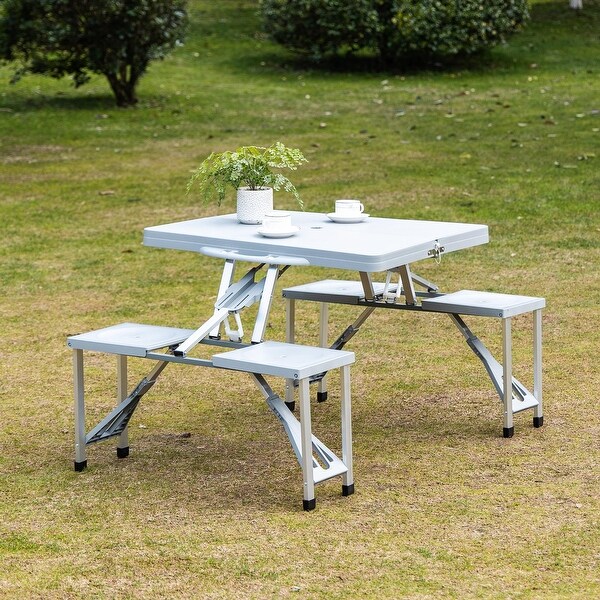 Portable Aluminum Picnic Table Set with Umbrella Hole， Gray