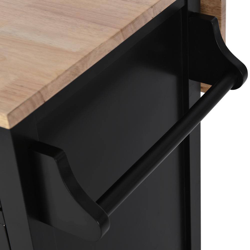 Black Rubberwood Drop-Leaf Countertop 52.2 in. Kitchen Island Cart Sliding Barn Door with Storage and 2-Drawer EC-KIBW-743