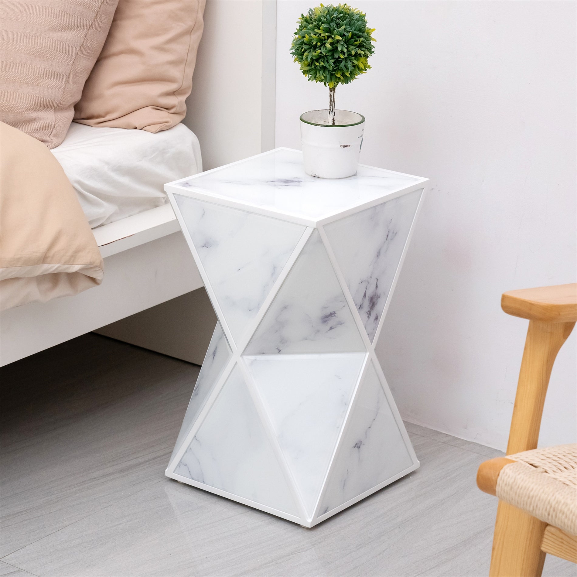 White Geometry End Table， Glass Nightstand， Marble Table