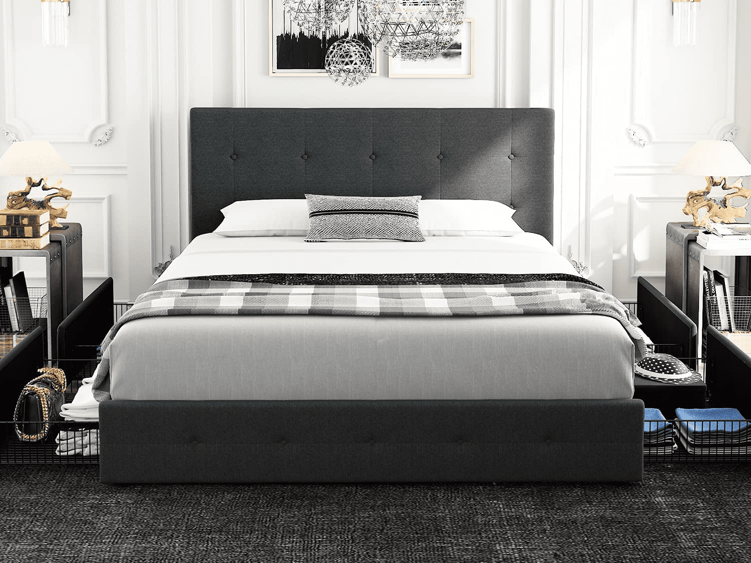 Einfach Queen Size Storage Bed Frame with 4 Big Drawers, Square Button Tufted Adjustable Headboard, Dark Grey