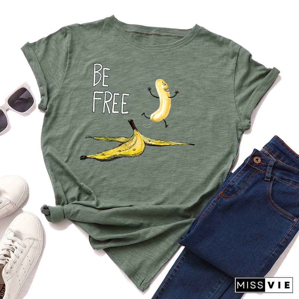 JCGO Summer Cotton Women T Shirt Fashion Short Sleeve Funny Free Banana Print Ladies Tee Shirt Tops Casual O-Neck Female T-shirt