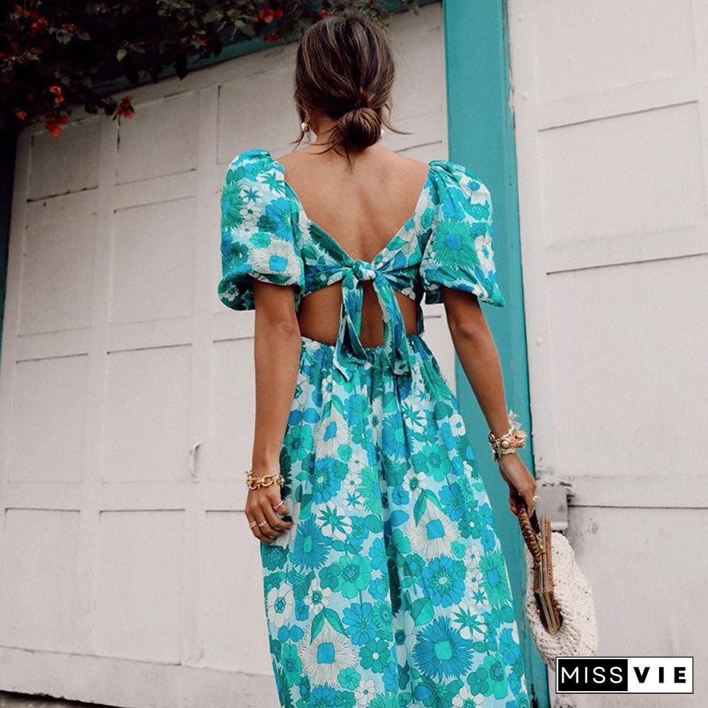 Sweet Backless Printed Vacation Dress