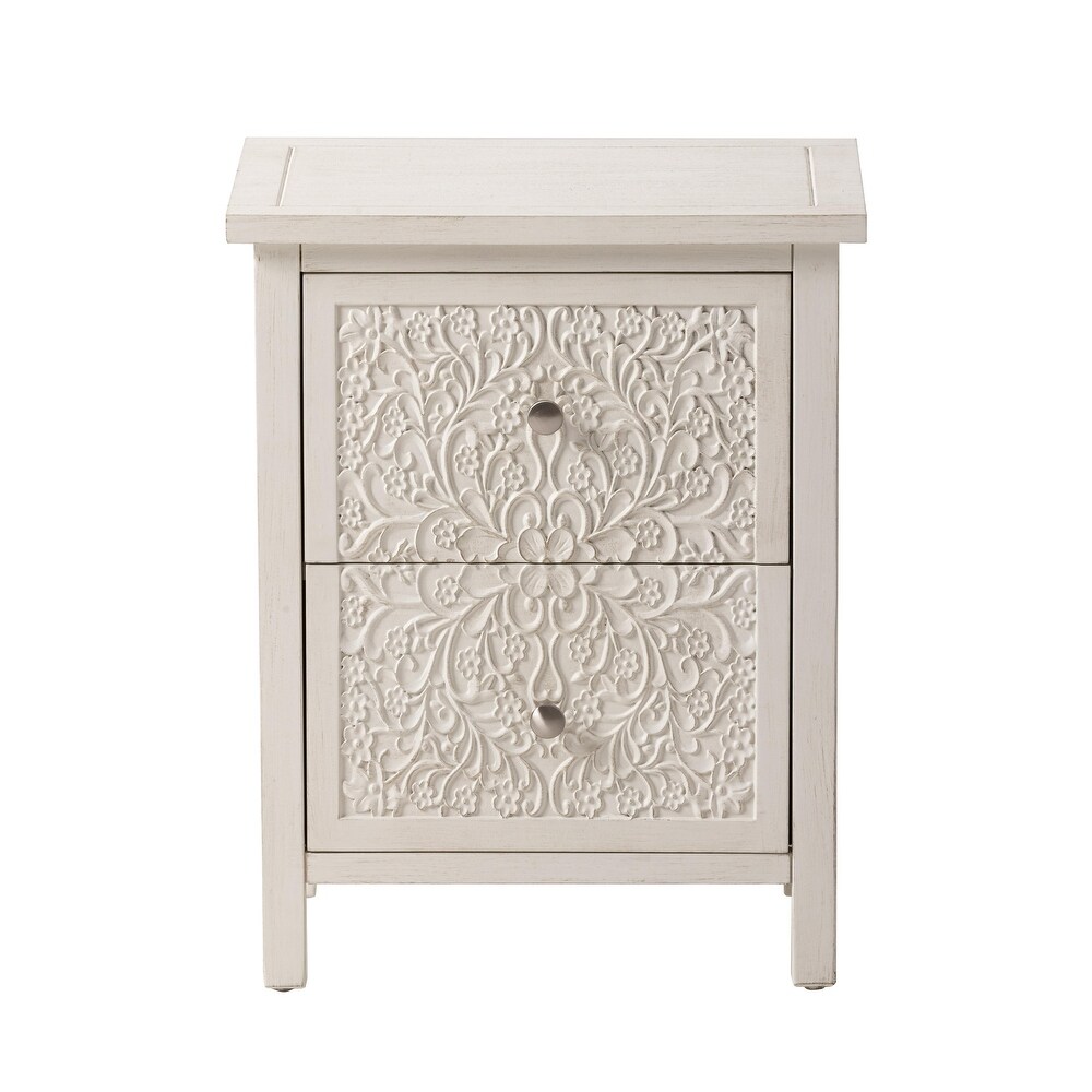 COZAYH Farmhouse Fully Assembled Nightstand with 2 Drawer  Flower Motif End Table for Small Spaces  French Country