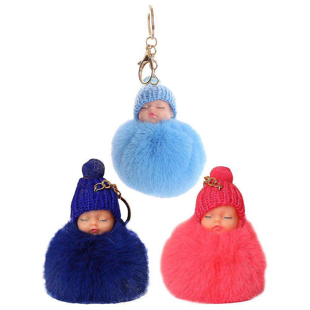 3pcs Lovely Hair Balls Key Ring Decorative Sleeping Doll Keychain (random Color)