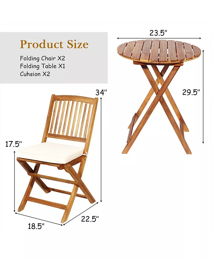 Costway 3PCS Patio Folding Wooden Bistro Set Cushioned Chair Conversation Garden