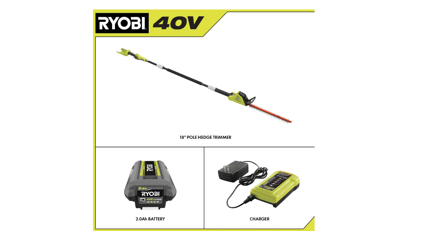 RYOBI RY40630 40V 18 in. Cordless Battery Pole Hedge Trimmer with 2.0 Ah Battery and Charger