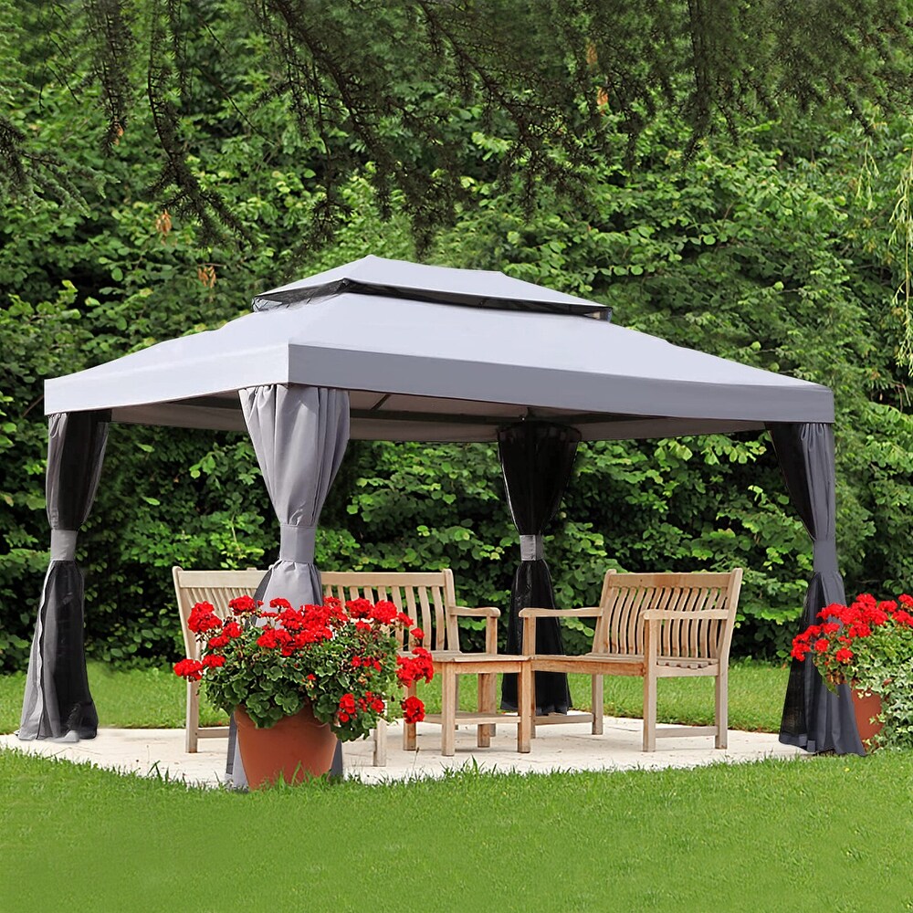 10 ft. x 13 ft. Gray and Black 2 Tone Steel Gazebo with Mosquito Netting and Shade Curtains