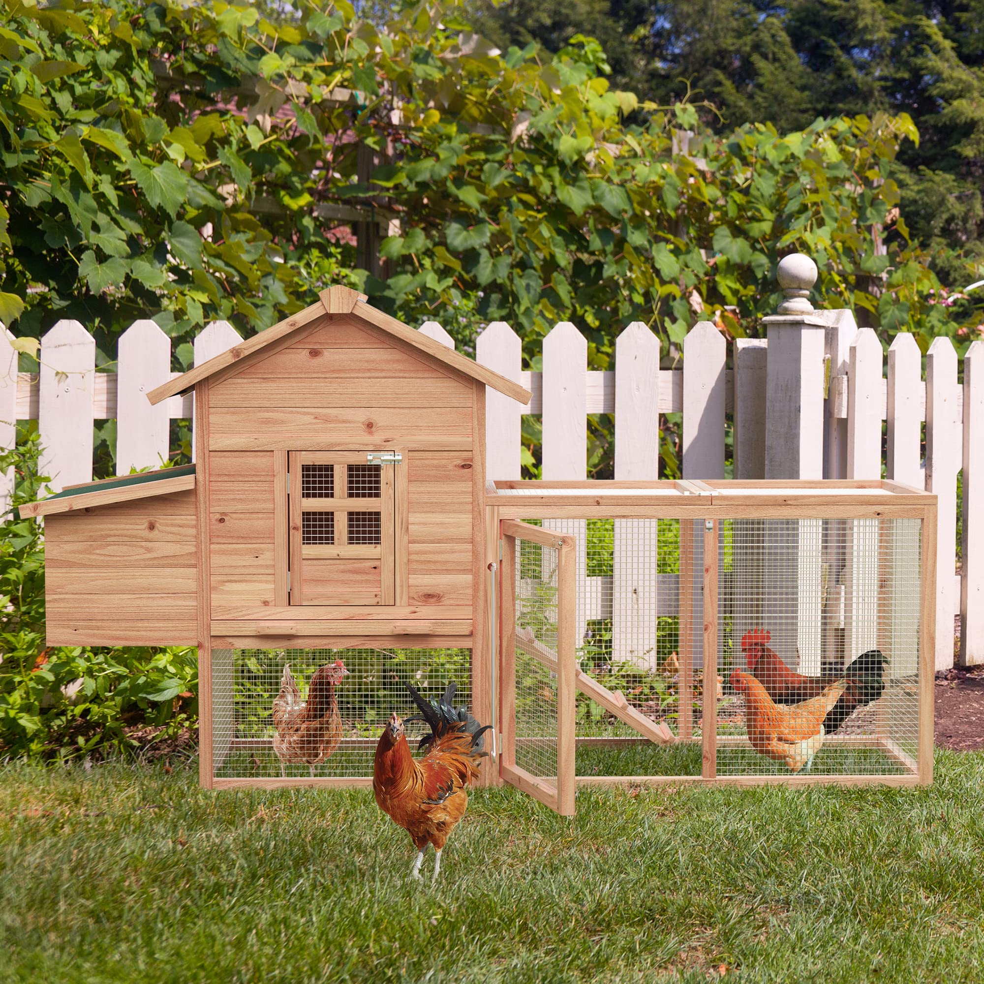 Grezone Chicken Coop Large Wooden Outdoor Hutch Hen Cage with Ventilation Castle Door Play House Nesting Boxes with Cover