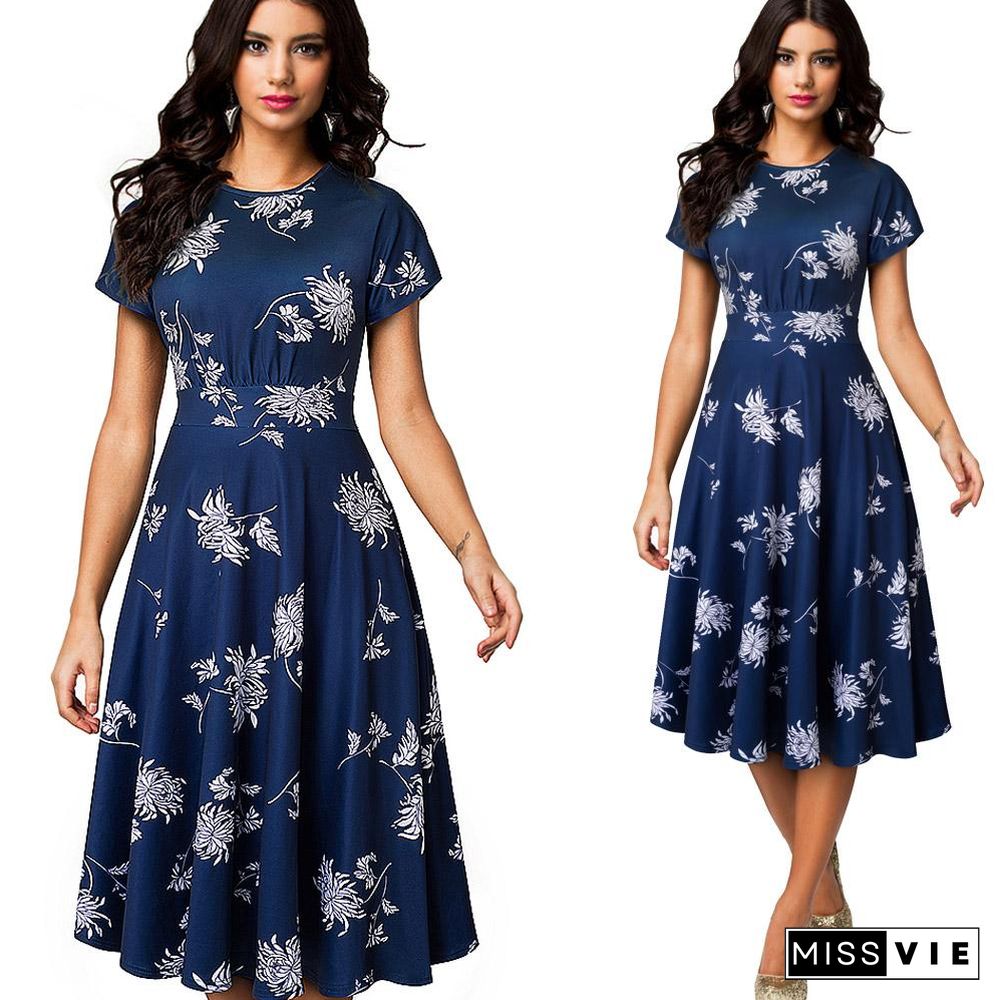 Women Vintage Elegant Floral Print Pleated Round neck A-Line Pinup Party Dress