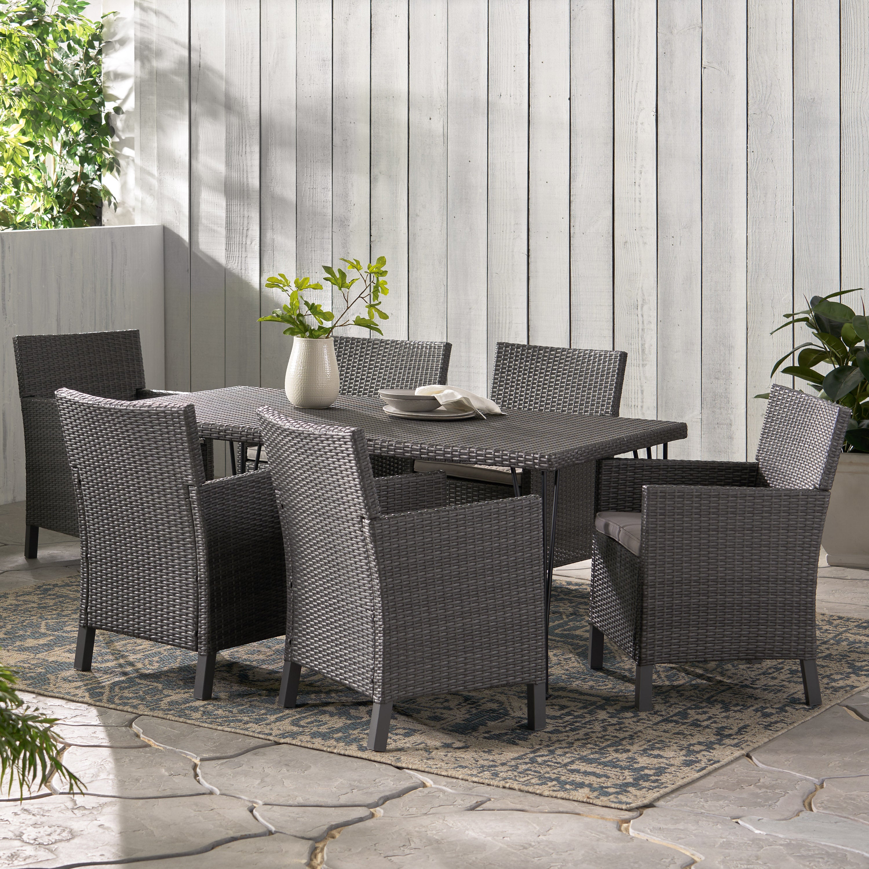 Darmel Outdoor 7 Piece Wicker Dining Set with Water Resistant Cushions