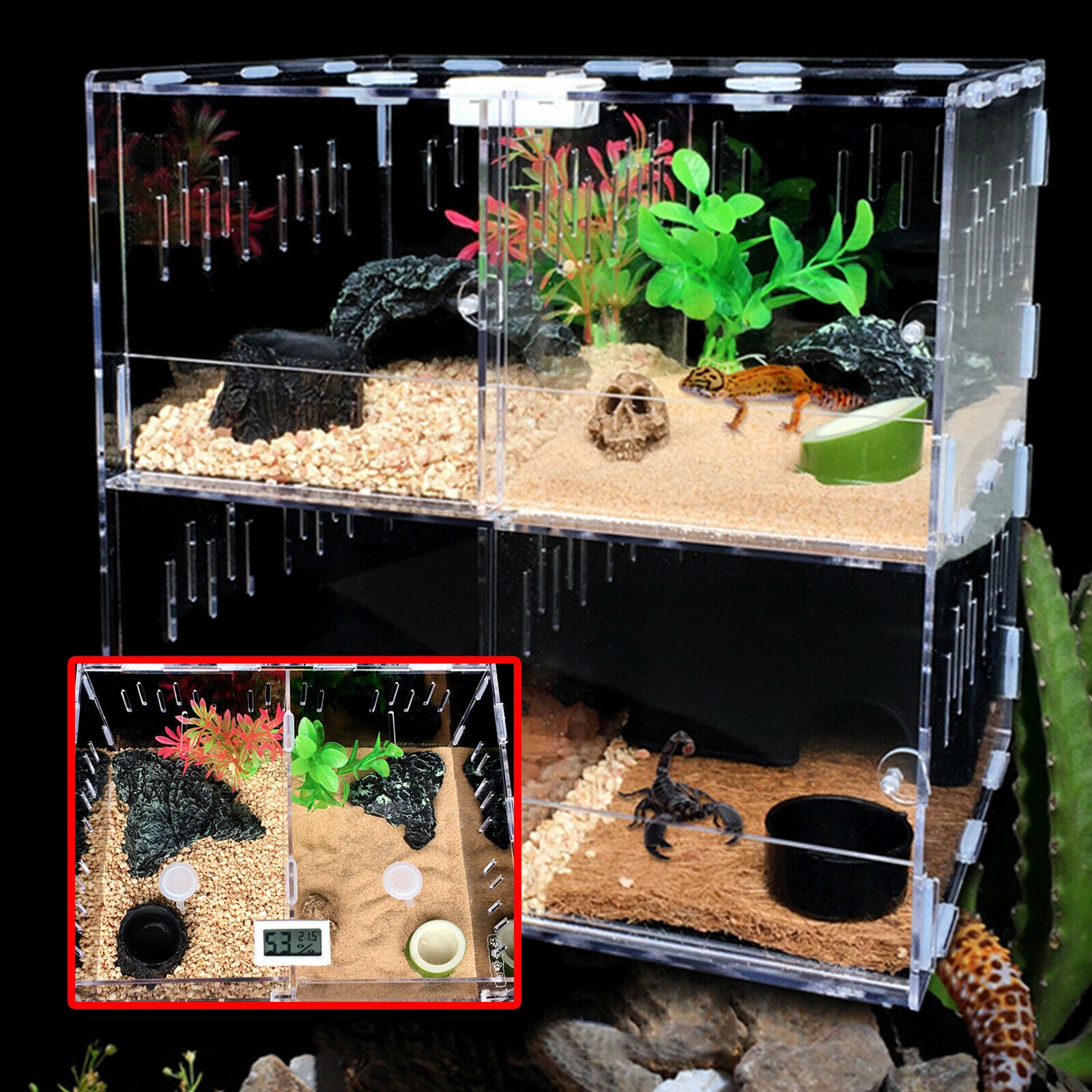 TOOL1SHOoo Transparent 4 Grids Large Reptile Pet Tank Acrylic Climbing Pet Box +Thermometer