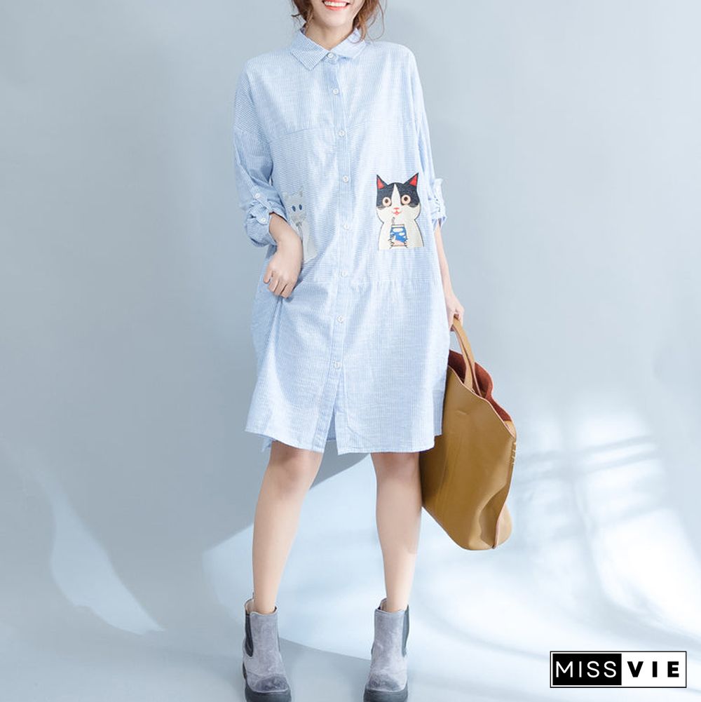 Elegant blue striped cotton knee dress Loose fitting traveling dress fine patchwork cats prints shirt dress