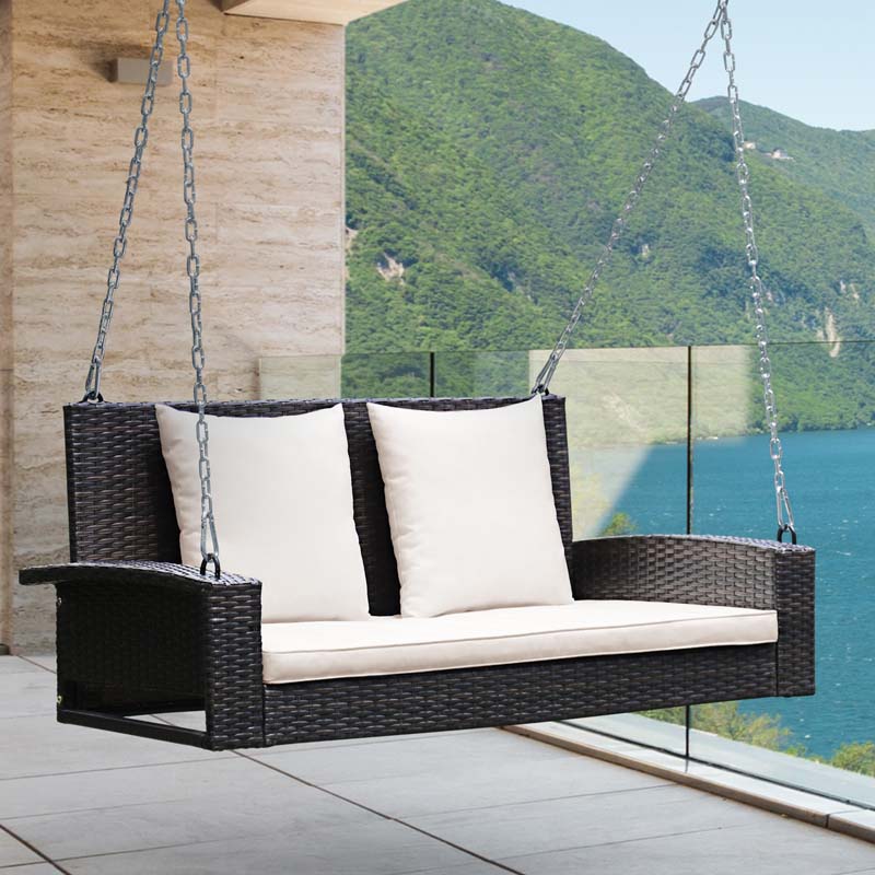 2-Person Rattan Wicker Outdoor Patio Hanging Porch Swing Bench Chair with Sturdy Steel Chain & Cushions