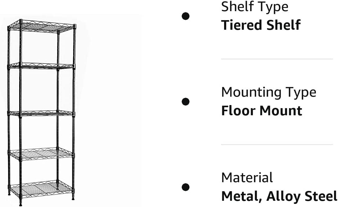 CAIHONG 5-Wire Shelving Metal Storage Rack Adjustable Shelves, Standing Storage Shelf Units for Laundry Bathroom Kitchen Pantry Closet (Black, 21.25L x 11.42W x 60H)