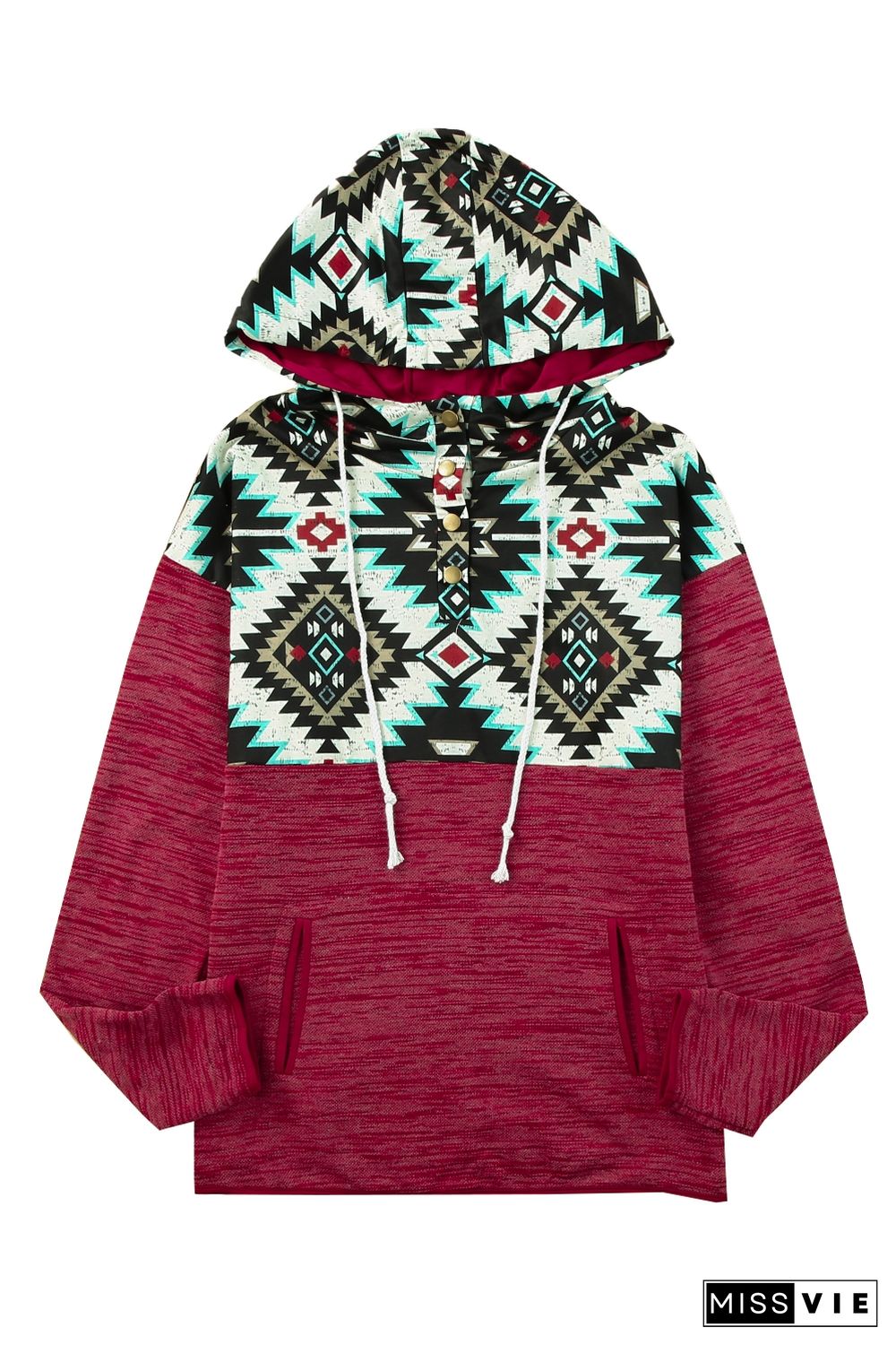 Red Tribal Geometric Print Hoodies with Pocket