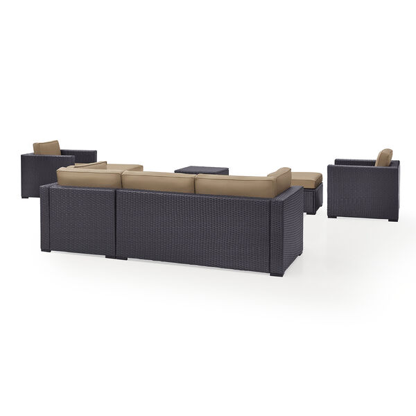 Biscayne 7 Person Outdoor Wicker Seating Set in Mocha - One Loveseat， Two Arm Chairs， One Corner Chair， One Coffee Table， Two Ottomans