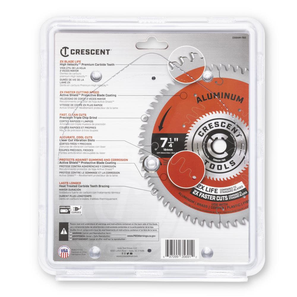 CRESCENT APEX Circular Saw Blade 7 1/4 x 60 Tooth Medium Aluminum