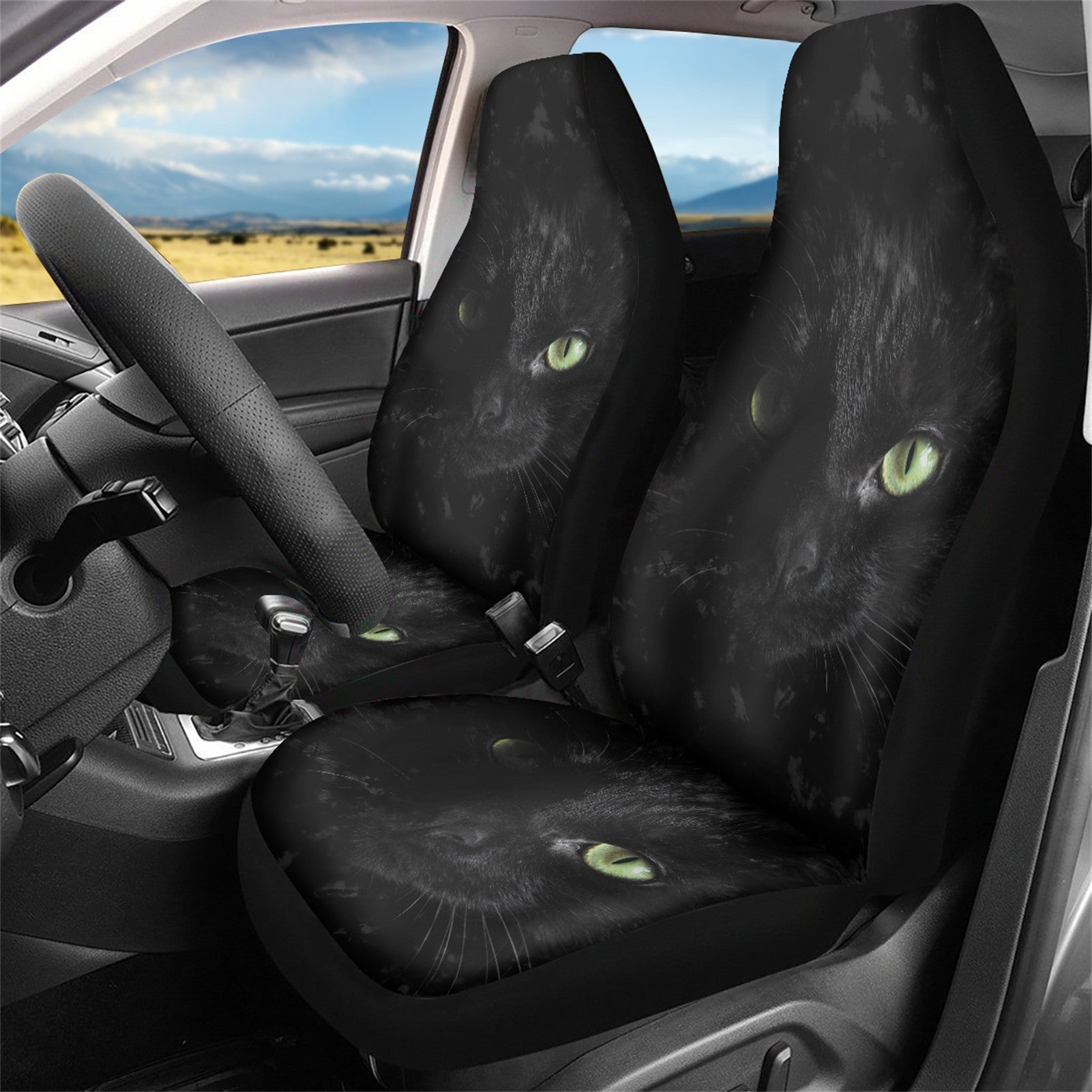 Xoenoiee 2 Pieces Car Seat Covers Black Cat Print Auto Bucket Seat Cover Protector Universal Fit for Cars， SUV， Sedan， Van， Trucks