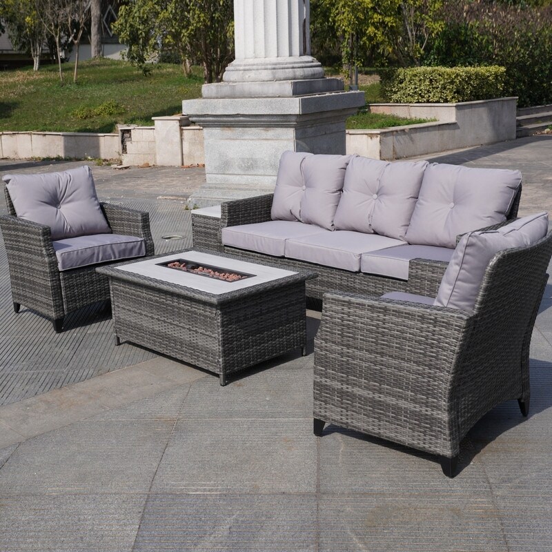 5 Piece Patio Rattan Sofa Set with Fire Pit Table