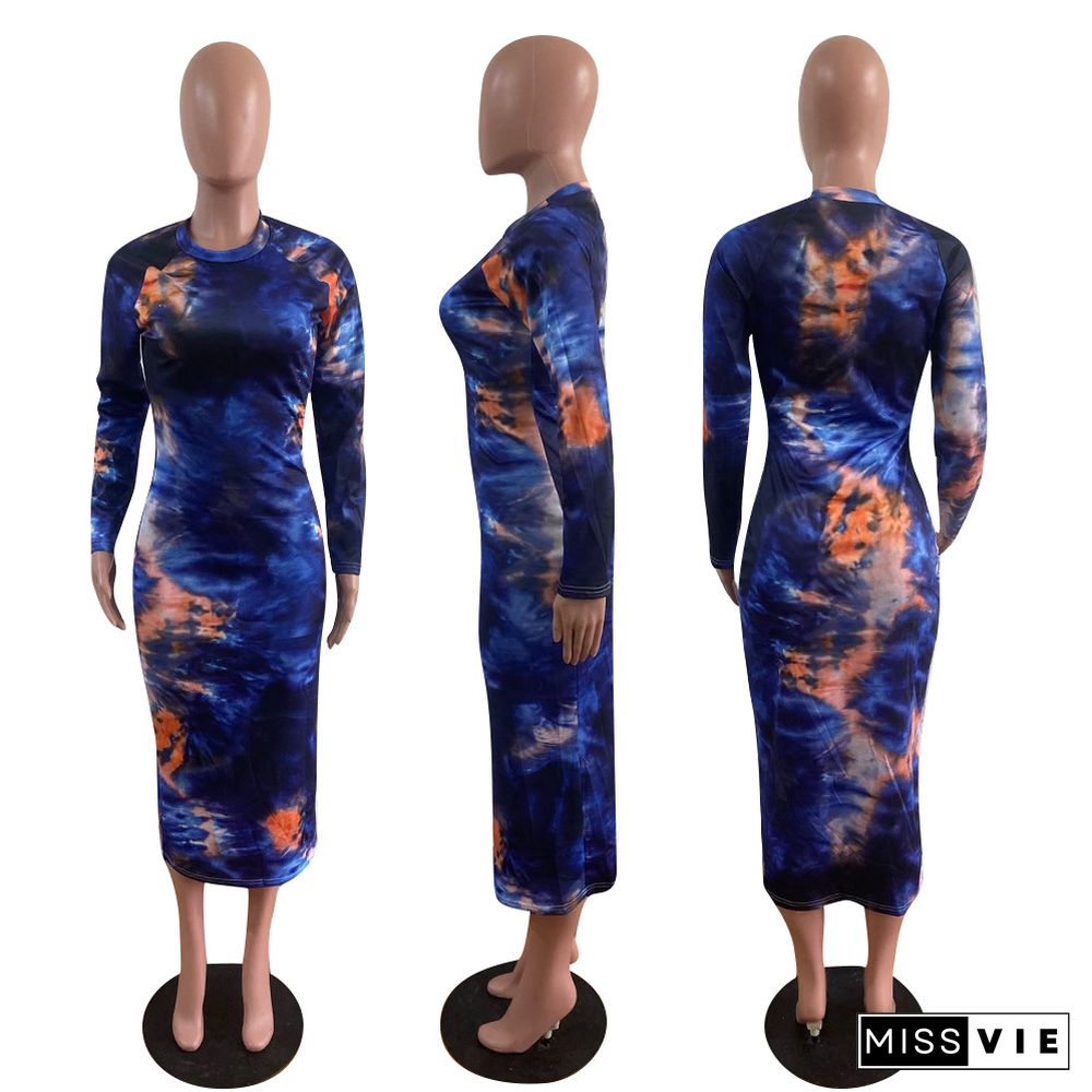 Autumn Tie-dye Printing Elegant Long Sleeves Bodycon Dress