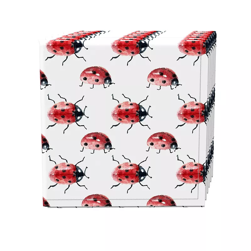 Napkin Set， 100% Polyester， Set of 4， 18x18， Watercolor Ladybugs