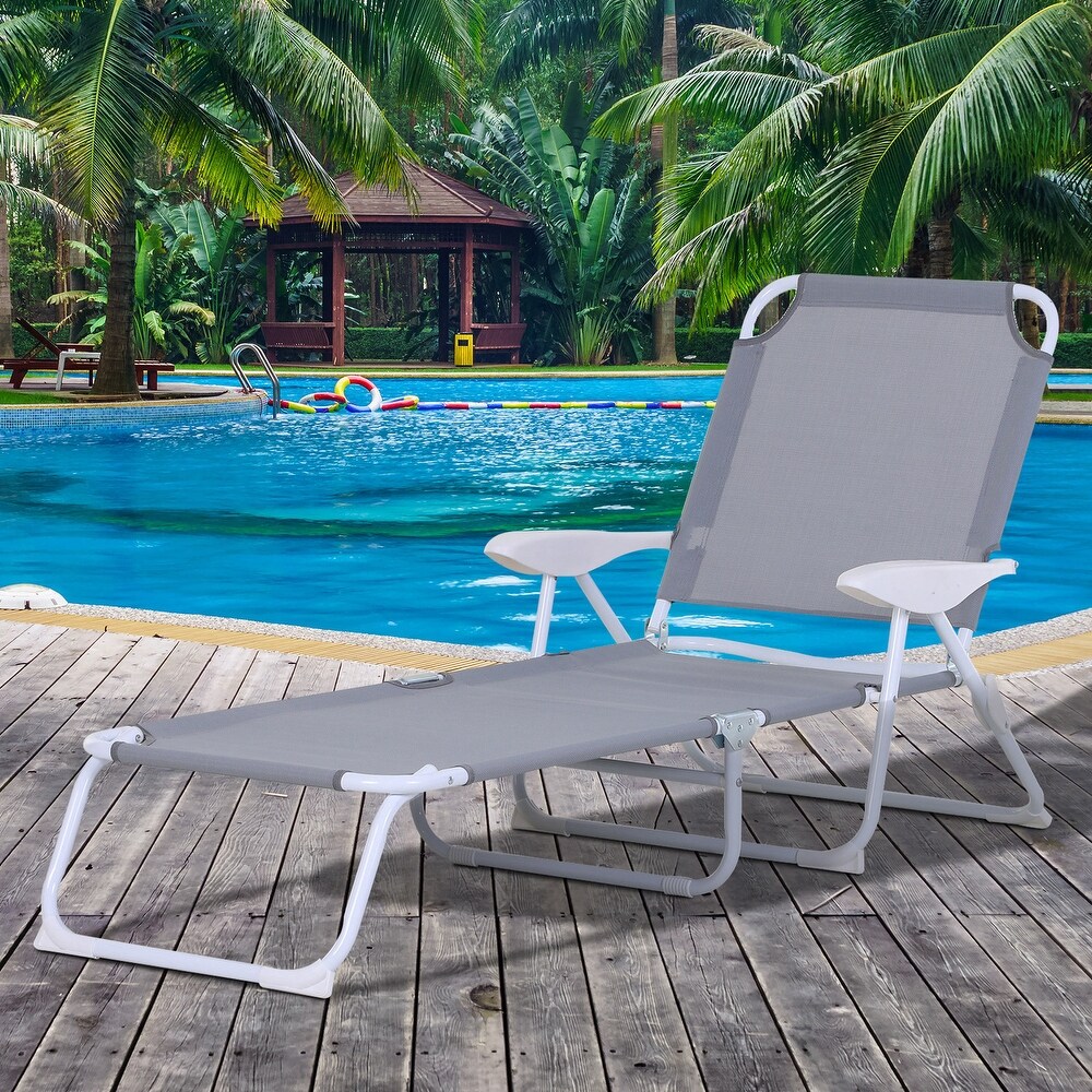 Outsunny Folding Chaise Lounge  Outdoor Sun Tanning Chair  Four Position Reclining Back  Armrests  Iron Frame   Mesh Fabric