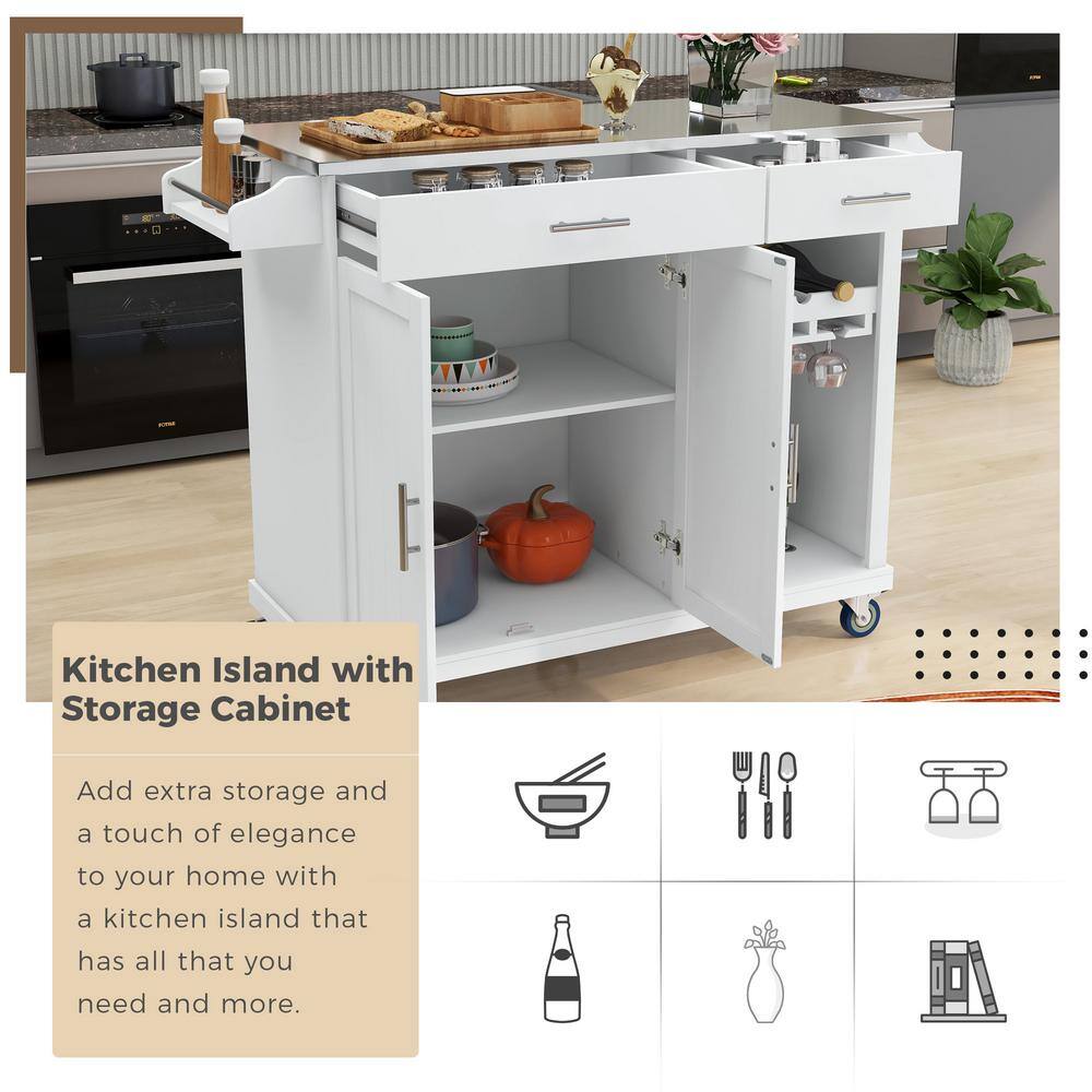 Modern White Stainless Steel Top 51 in. Kitchen Island on Wheels with 2-Drawers Racks and Storage Cabinet ZY-WF295114AAW