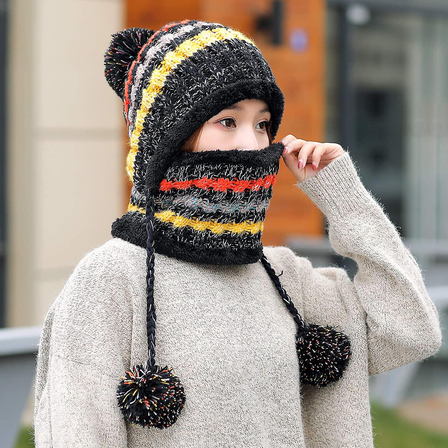 Women Winter Beanie Hat Peruvian Circle Scarf Set Ski Ear Flaps Caps Dual Layered Fleece Lined Pompoms A3-m8771-black -