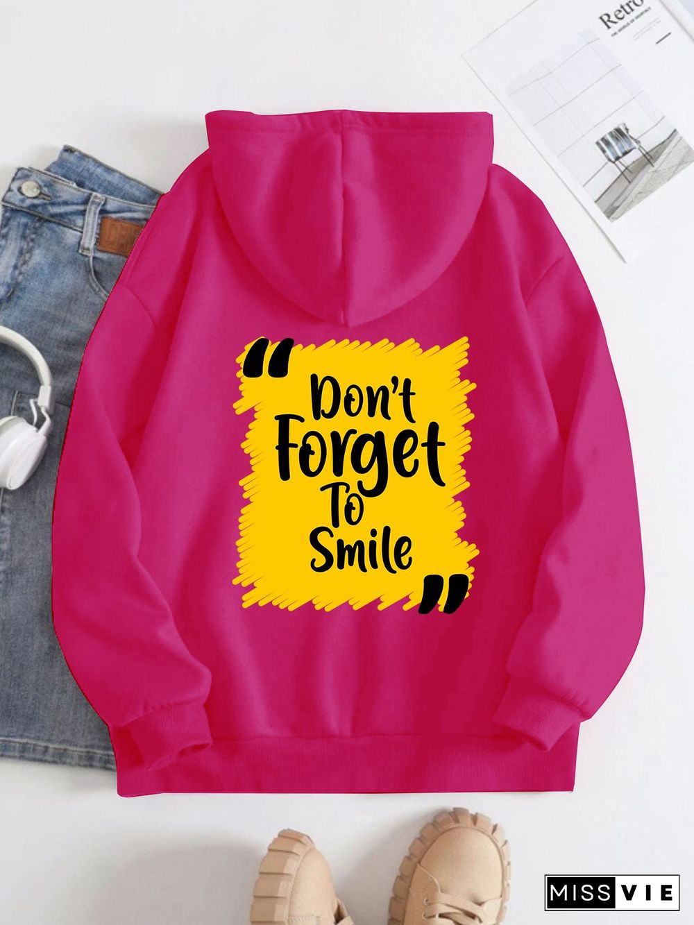 Printed on the Back Kangaroo Pocket Hoodie Long Sleeve for Women Pattern Don't Forget to Smile