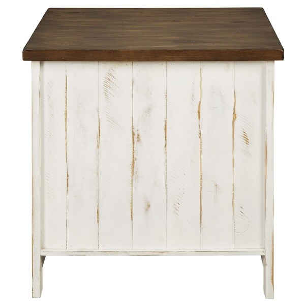 Two Tone Wooden End Table with Metal Grill Cabinet， Brown and White