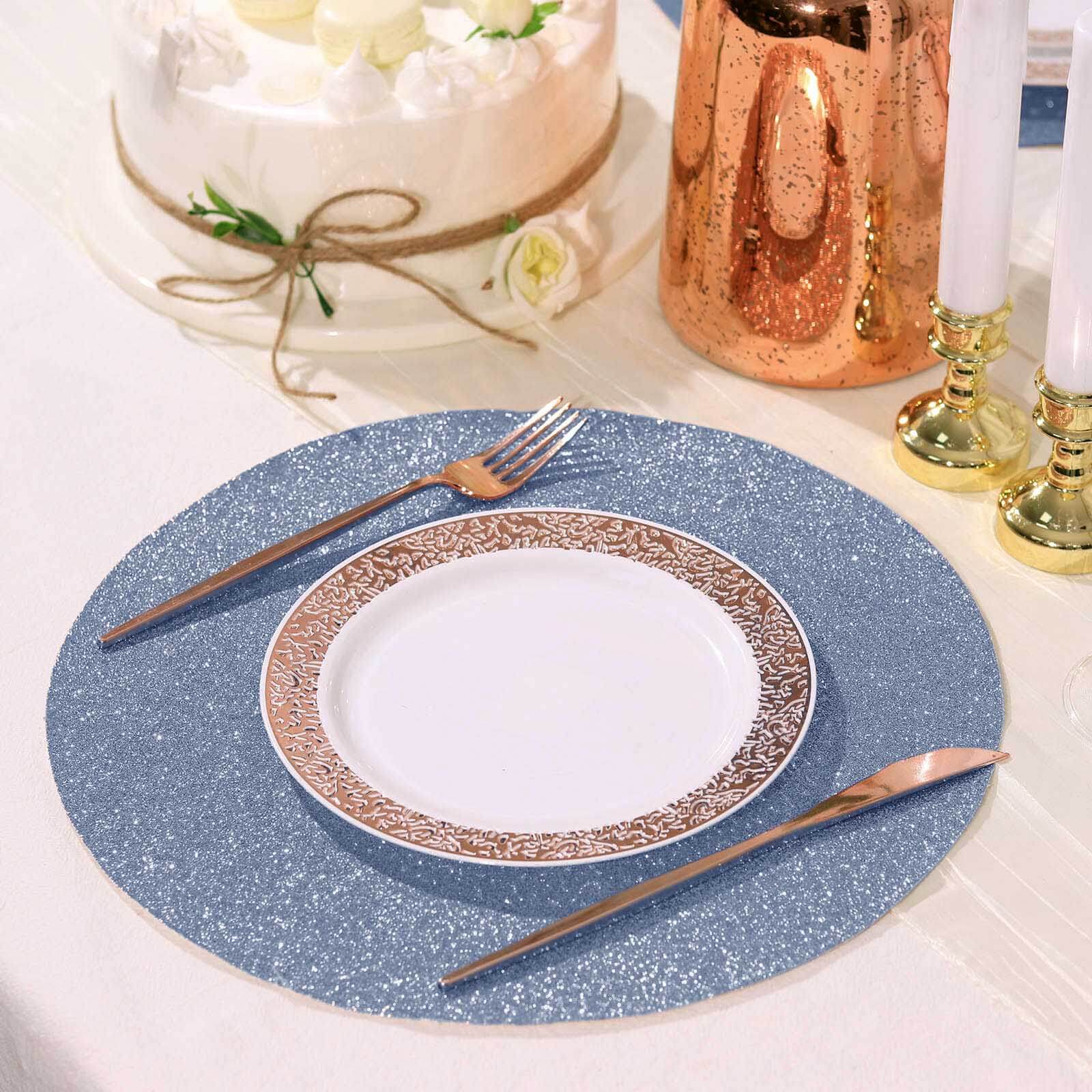 6 Pack Dusty Blue Sparkle Placemats, Non Slip Decorative Round Glitter Table Mat