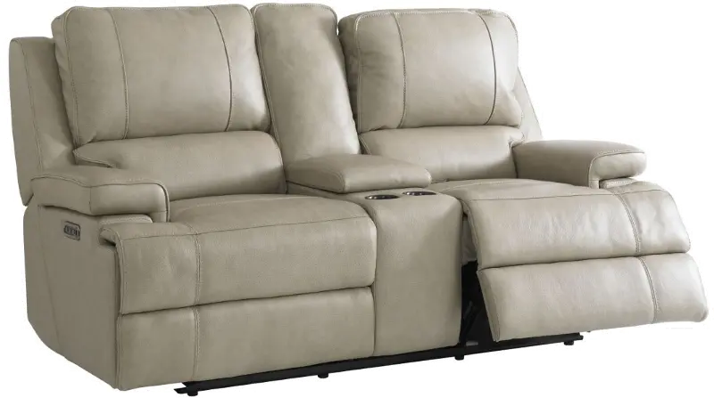 Parker Flax Beige Leather Power Reclining Love Seat with Console