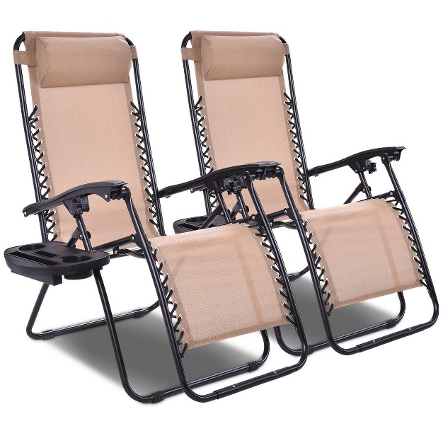 Costway 2pcs Zero Gravity Chairs Lounge Patio Folding Recliner Beige W cup Holder