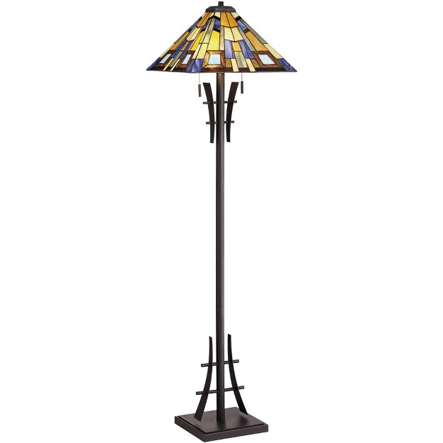 Tall Bronze Iron  Style Jewel Tone Art Glass Shade For Living Room Reading Bedroom Office