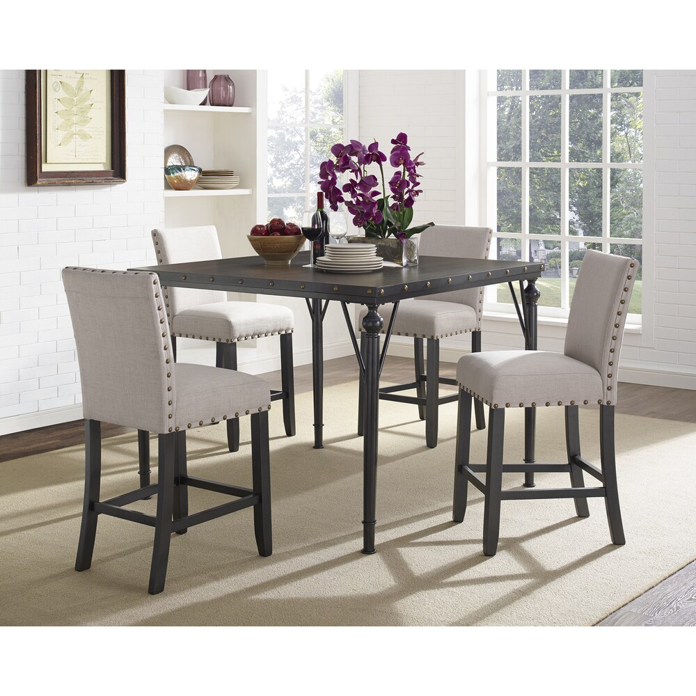 Roundhill Furniture Biony 5 Piece Espresso Wood Counter Height Dining Set with Fabric Nail head Chairs