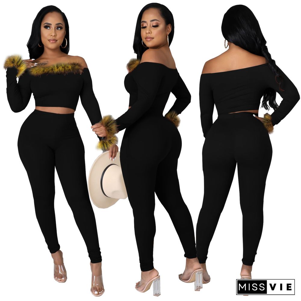 Furry Patchwork Off Shoulder Crop Top Pants Set