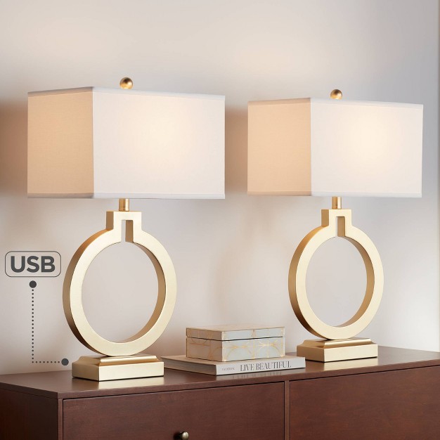 Tall Set Of 2 With Usb Charging Port Brushed Gold Open Ring White Shade For Bedroom Living Room House Bedside