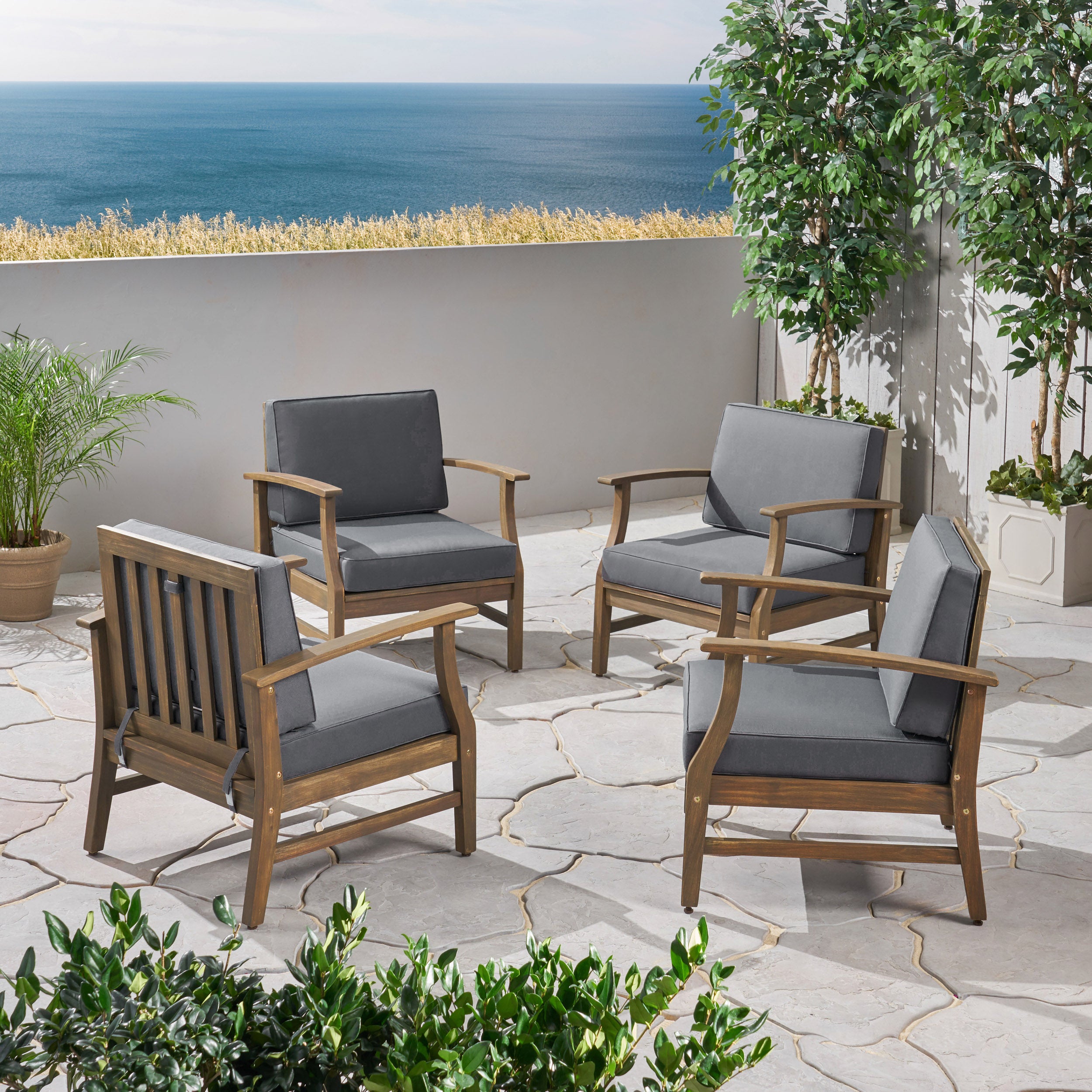 Simona Outdoor Acacia Wood Club Chairs with Cushions