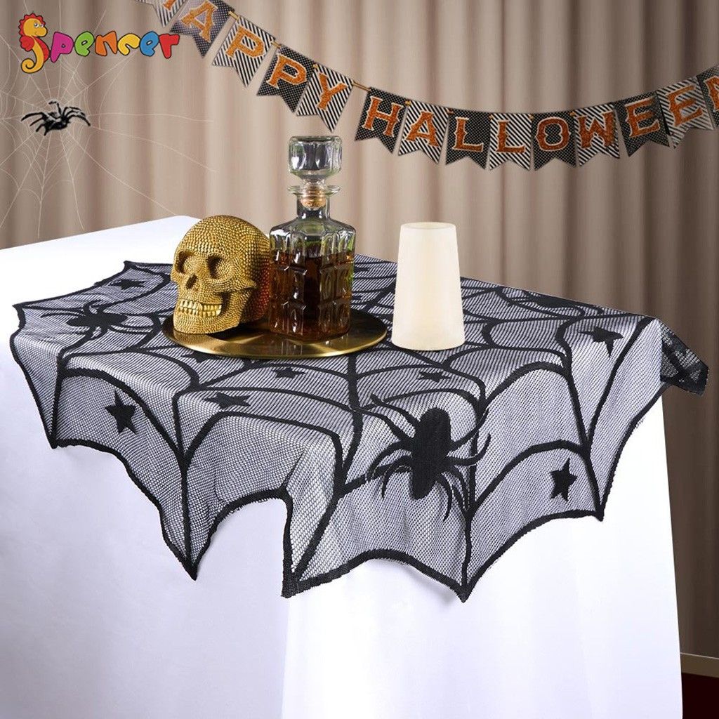 SpencerToys 40 Round Lace Spider Web Tablecloth， Black Table Topper Perfect for Halloween Party Dinner Table Decoration