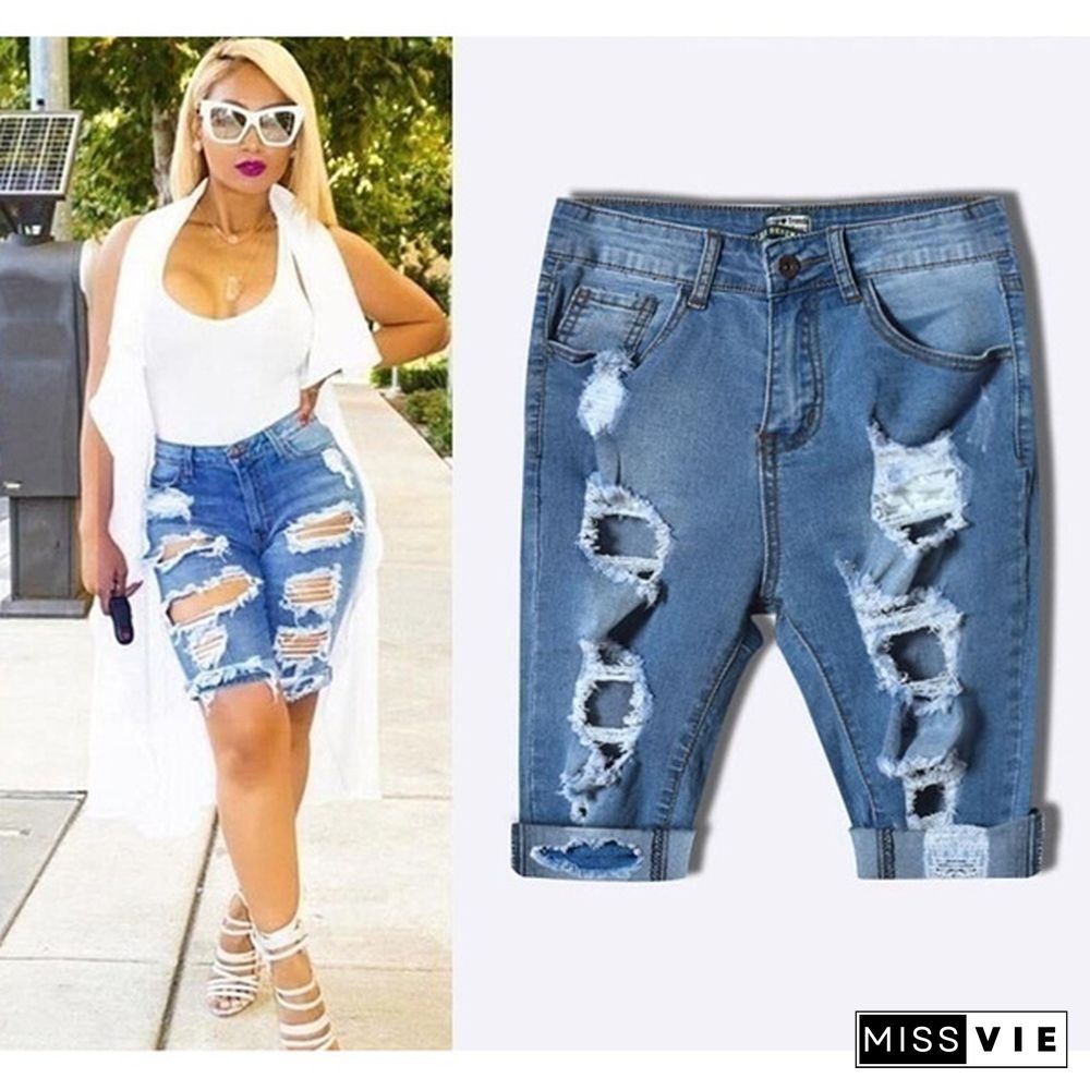 Women Casual Street Style Half Blue Denim Shorts Stretch Pants Slim Boyfriend Ripped Hole Jeans