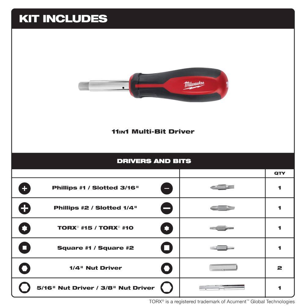 MW 11-in-1 Multi-Tip Screwdriver with Square Drive Bits 48-22-2761