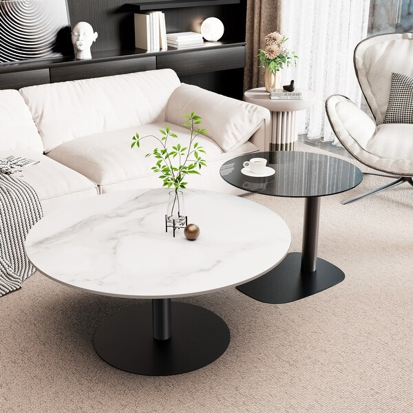 Round Nesting Coffee Table Set of 2 Modern Cocktail Table with Metal Frame for Living Room Small Spaces Bentley White and Grey