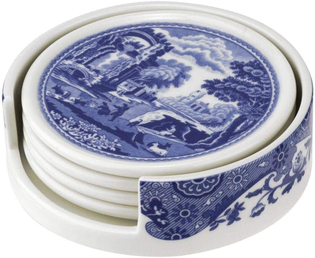 Spode Blue Italian 4 Piece Ceramic Coasters with Holder