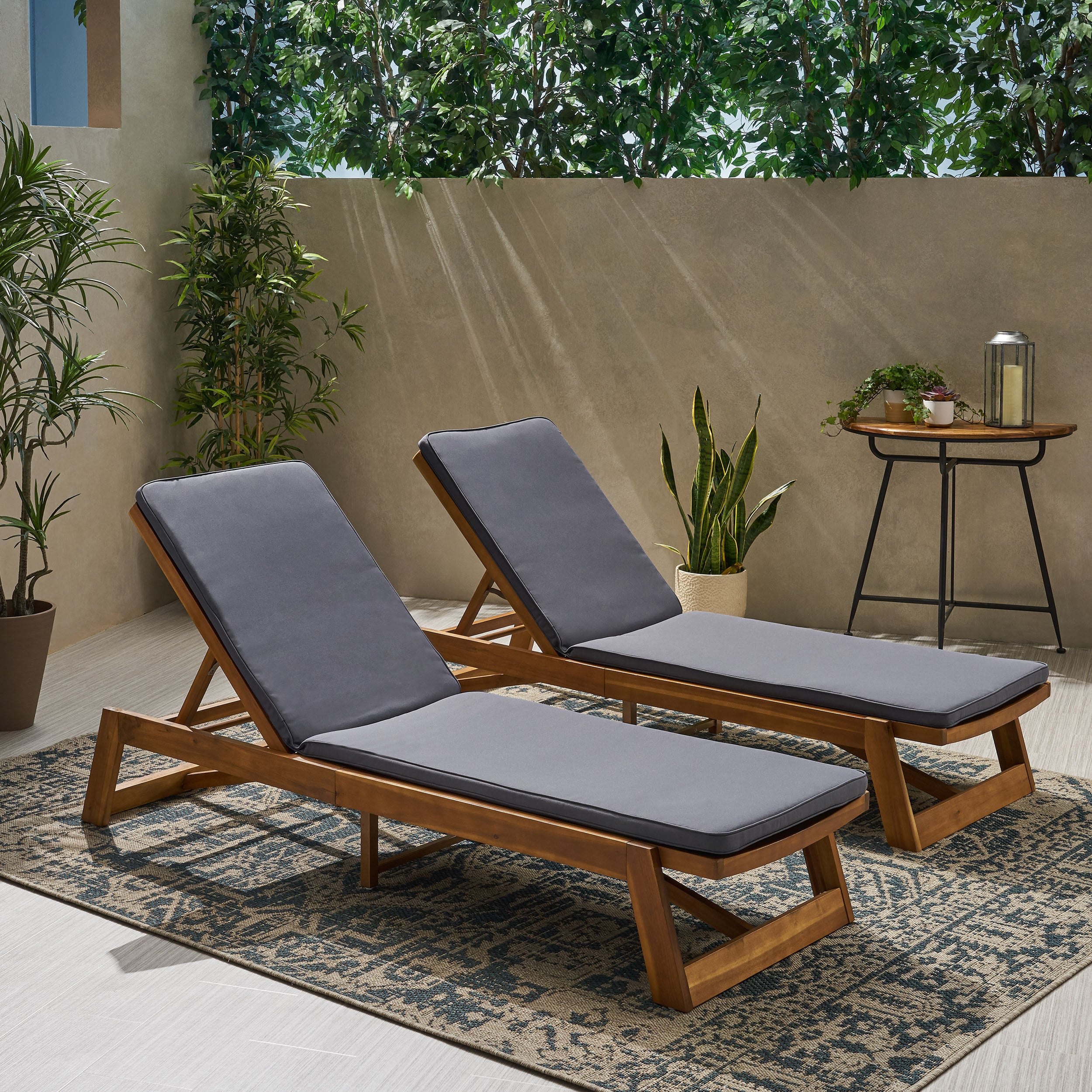 Tina Outdoor Acacia Wood Chaise Lounge and Cushion Sets (Set of 2)