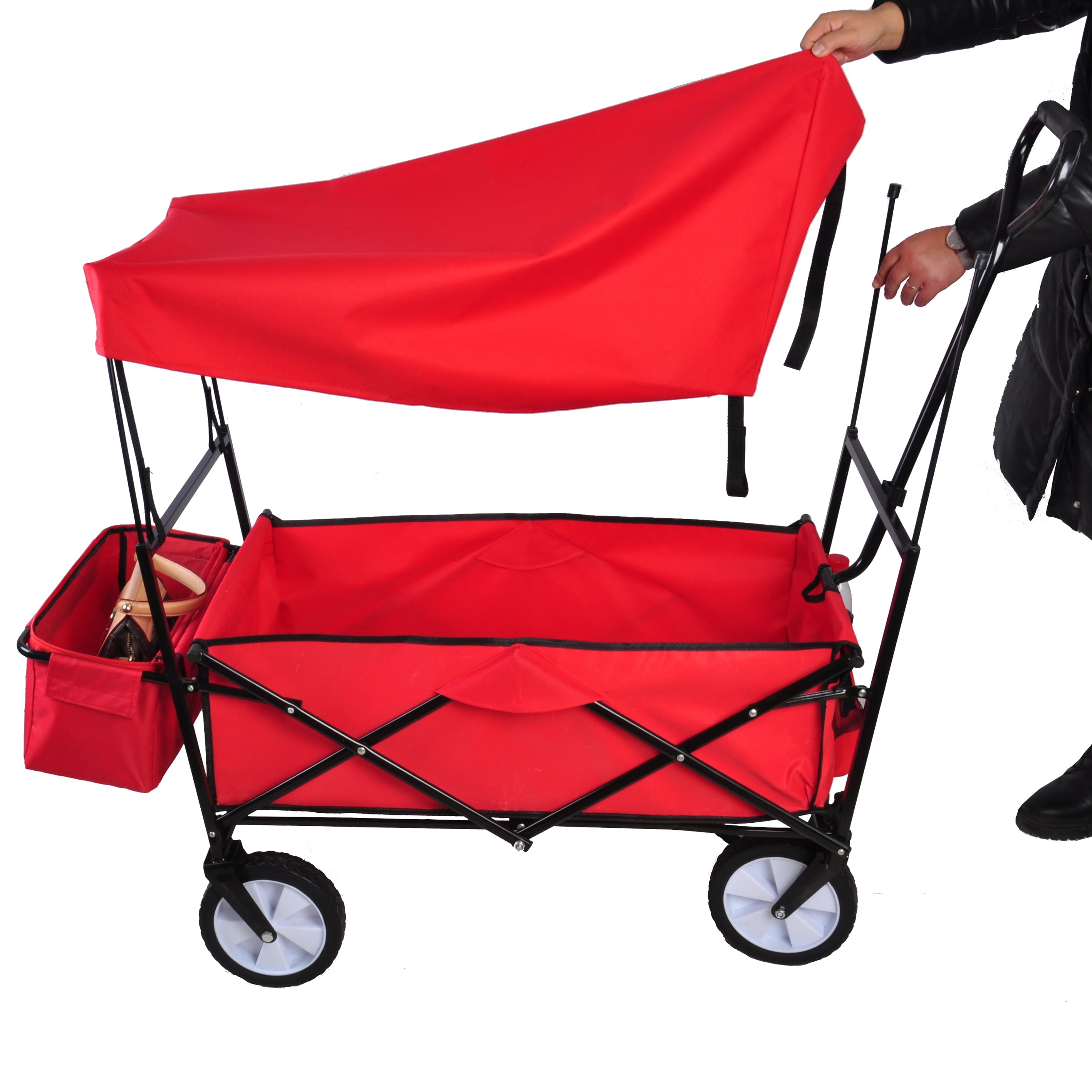 TOPCHANCES Collapsible Wagon Camping Garden Cart with Removable Canopy, Folding Wagon with Adjustable Push Handles for Shopping, Picnic, Beach, Camping, Sports (Red)