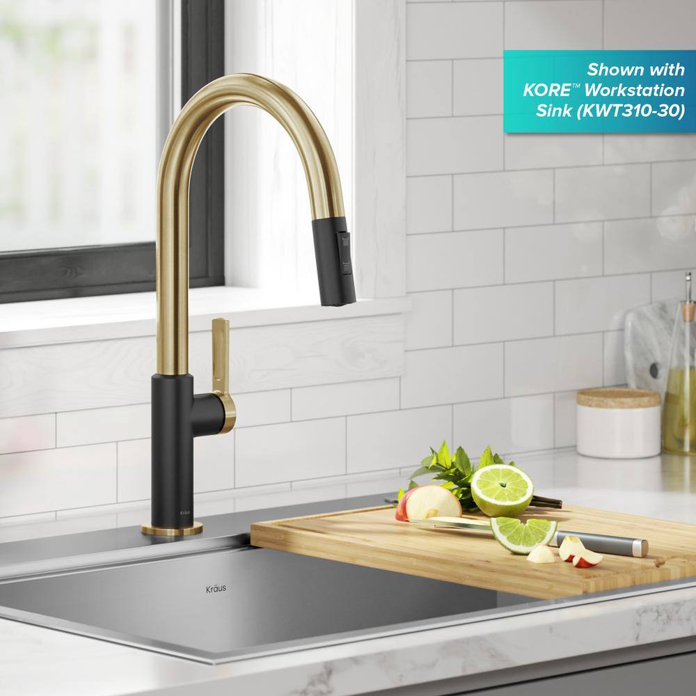 KRAUS Oletto Single Handle Pull-Down Kitchen Faucet in Brushed BrassMatte Black KPF-2820BBMB