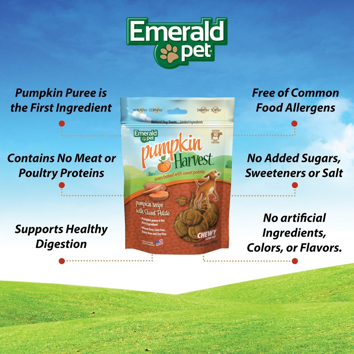 Emerald Pet Pumpkin Harvest Oven Baked With Sweet Potato Chicken-Free Dog Treats， 6-oz bag