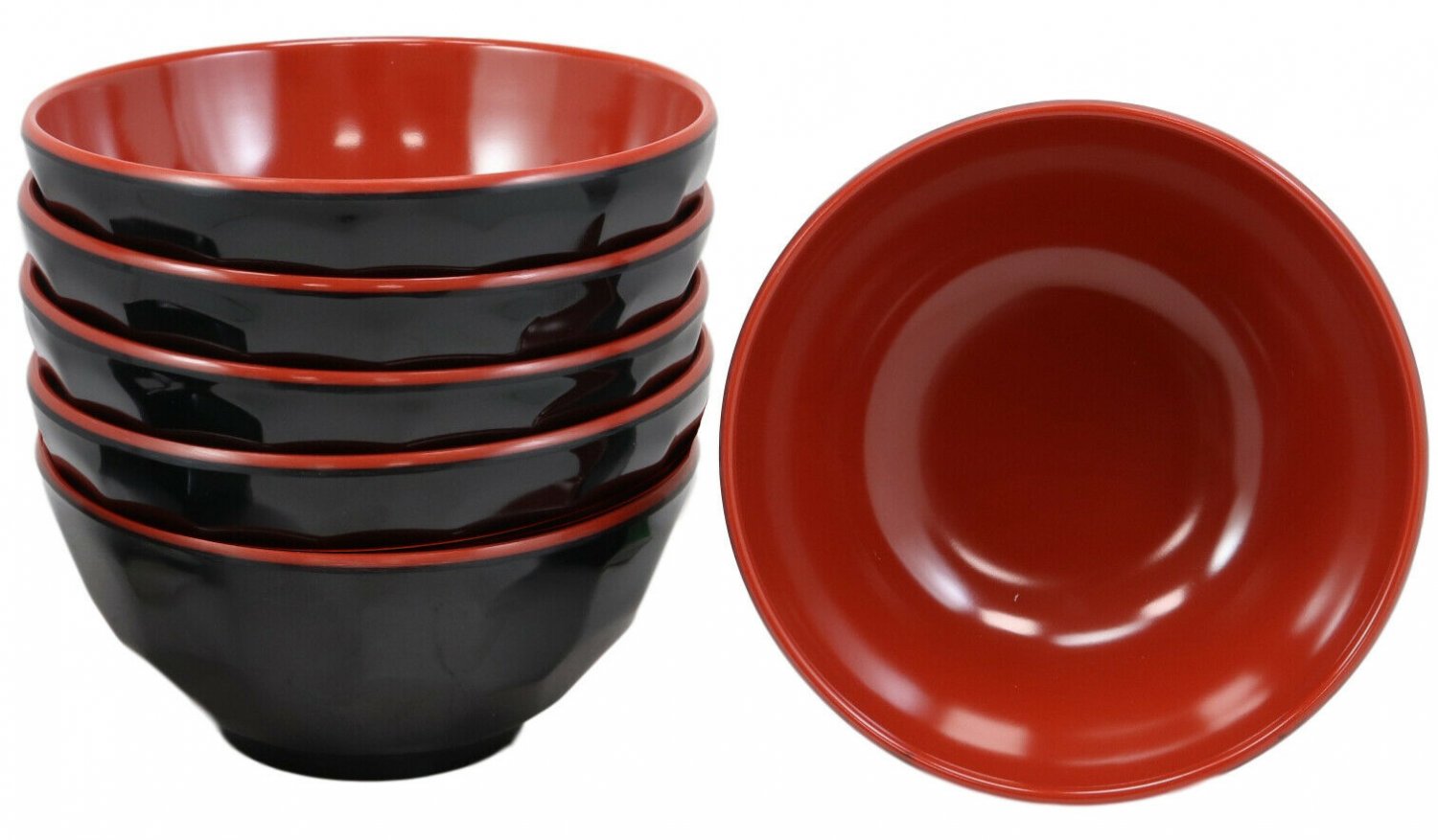 1 Contemporary Ridged Red Black Melamine Small 8oz Rice Miso Soup Bowl Set Of 6 EBR02